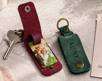 Personalized Leather Keychain for Aunt or Cousin – Custom Engraved Keyring with Hidden Photos & Message – Color Choice Keepsake Gift