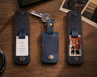 Personalized Leather Photo Keychain for Him, Custom Anniversary Gift for Boyfriend, Romantic Birthday Christmas Gift for Men