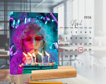 Personalized Acrylic Desk Calendar with Photos & Special Dates – Custom Gift for Grandparents, Parents, Family - Wooden Stand Included