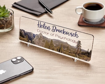 Personalized Clear Desk Nameplate with a Relaxing Landscape,  Perfect Gift for Psychologists, Small Gift for Professional Identification