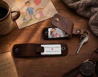 Personalized Photo Leather Keychain for Dad, Hidden Secret Photo Gift for Father's Day, Birthday, Christmas from Wife Son Daughter