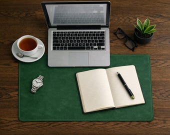 Custom leather desk mat for laptop and mouse –Non-slip, elegant - Handmade leather pad with felt base, custom size & color options