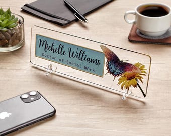 Name sign, Design butterfly and flower, Desk name plate, Desk name sign, Modern office decor, Name Badge, Nameplate desk, Graduation gift