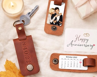 Personalized Leather Photo Keychain with Calendar, Custom Engraved Anniversary Gift for Boyfriend Husband, Romantic Birthday Christmas Gift