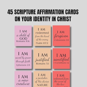 45 cartes d'affirmation biblique JE SUIS sur votre identité en Christ, cartes de prière quotidiennes pour les Écritures, cartes d'affirmation de prière, téléchargement immédiat