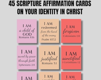 45 I AM Scripture Affirmation Cards on Your Identity in Christ, Daily Scripture Prayer Cards, Prayer Affirmation Cards, Instant Download