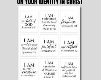 45 Tarjetas de Afirmación de las Escrituras YO SOY sobre tu identidad en Cristo, Tarjetas de Oración Diaria de las Escrituras, Tarjetas de Afirmación de Oración, Descarga Instantánea