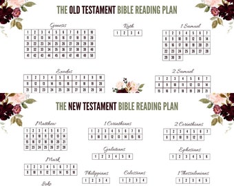 May include: A printable Bible reading plan with a floral design. The plan includes a list of books in the Old and New Testaments with corresponding chapter numbers.