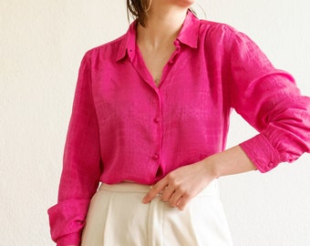 Vintage silk blouse / Button-up blouse / Geometric print shirt / Pink blouse / 80s blouse / Feminine blouse / Summer blouse / Jacquard shirt