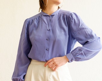 Vintage zijden blouse/blouse met lange mouwen/zomerblouse/elegante blouse/jaren '80 blouse/lavendelblauwe blouse/romantische blouse/S