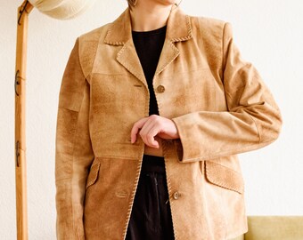 Veste en daim vintage / Veste en cuir / Veste boutonnée / Veste des années 90 / Veste beige / Blazer en cuir / Veste en cuir beige patchwork