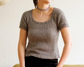 Pull gris vintage / Pull à manches courtes / Pull des années 90 / T-shirt d'hiver / T-shirt en tricot / Haut en tricot / Pull argenté scintillant / Pull mignon