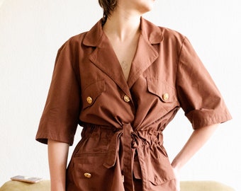 Vintage cotton blend blouse / Brown jacket / Short sleeve blazer / Statement 80s shirt / Light summer jacket / Belted golden blouse