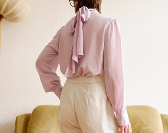 Vintage silk blouse / Long sleeve blouse / Bow tie blouse / Elegant blouse / 90s blouse / Pastel lavender blouse / Romantic feminine blouse