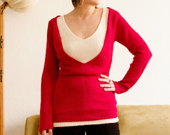 Vintage red and white jumper / 90s sweater / Minimalist jumper / Plain jumper / Knitted long sleeve / Warm long sleeve top / S-M