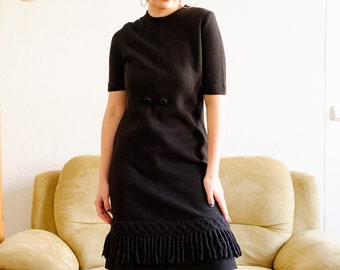 Vintage Lanvin dress / Wool dress / Midi dress / Classy black dress / Holiday dress / Feminine dress / Winter dress / Minimalist dress / S-M