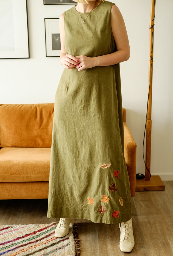 Vintage Maxi Dress 90s Dress Khaki Green Dress Sleeveless