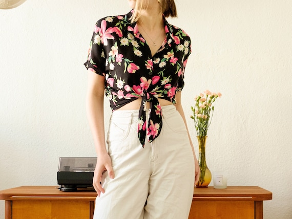 Vintage floral print blouse / 80s blouse / Black … - image 1