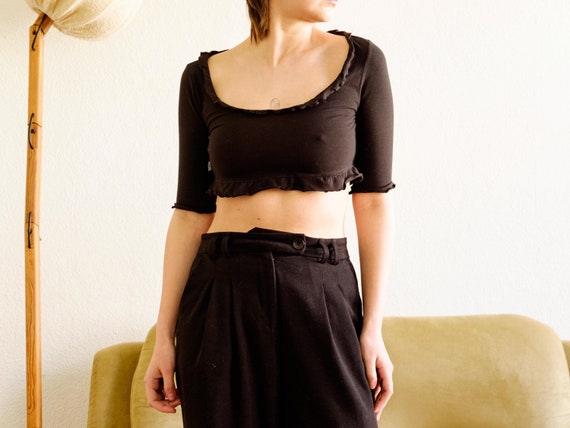 Vintage Moschino crop top / Black top / 90s 3/4 sleeve top / Ruched cotton top / Micro summer top / Ruffle romantic top / Round neck top