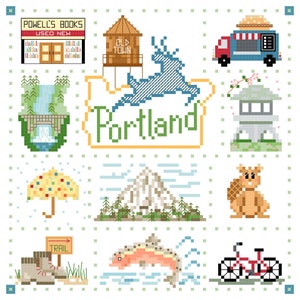 Könnte beinhalten: Eine bunte Pixel-Art-Illustration von Portland, Oregon. Die Illustration enthält ikonische Sehenswürdigkeiten wie Powell's Books, den Wasserturm von Old Town, ein Reh, einen Wasserfall, einen Kirschblütenbaum, einen Foodtruck, einen Berg, einen Biber, einen Lachs, ein Fahrrad und ein Wegweiser.