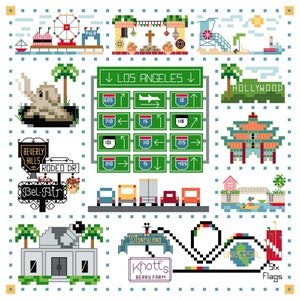 Peut inclure: Une illustration en pixel art de monuments de Los Angeles, dont l'enseigne d'Hollywood, l'enseigne de Beverly Hills, Disneyland, Knott's Berry Farm, Universal Studios et Six Flags. L'illustration comprend également une jetée, une plage et une autoroute avec divers panneaux de signalisation.