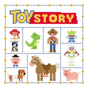 May include: A pixel art illustration of the Toy Story characters. The characters include Woody, Buzz Lightyear, Jessie, Rex, Mr. Potato Head, Slinky Dog, Bullseye, and Hamm. The characters are arranged in a grid pattern with the words "Toy Story" at the top.