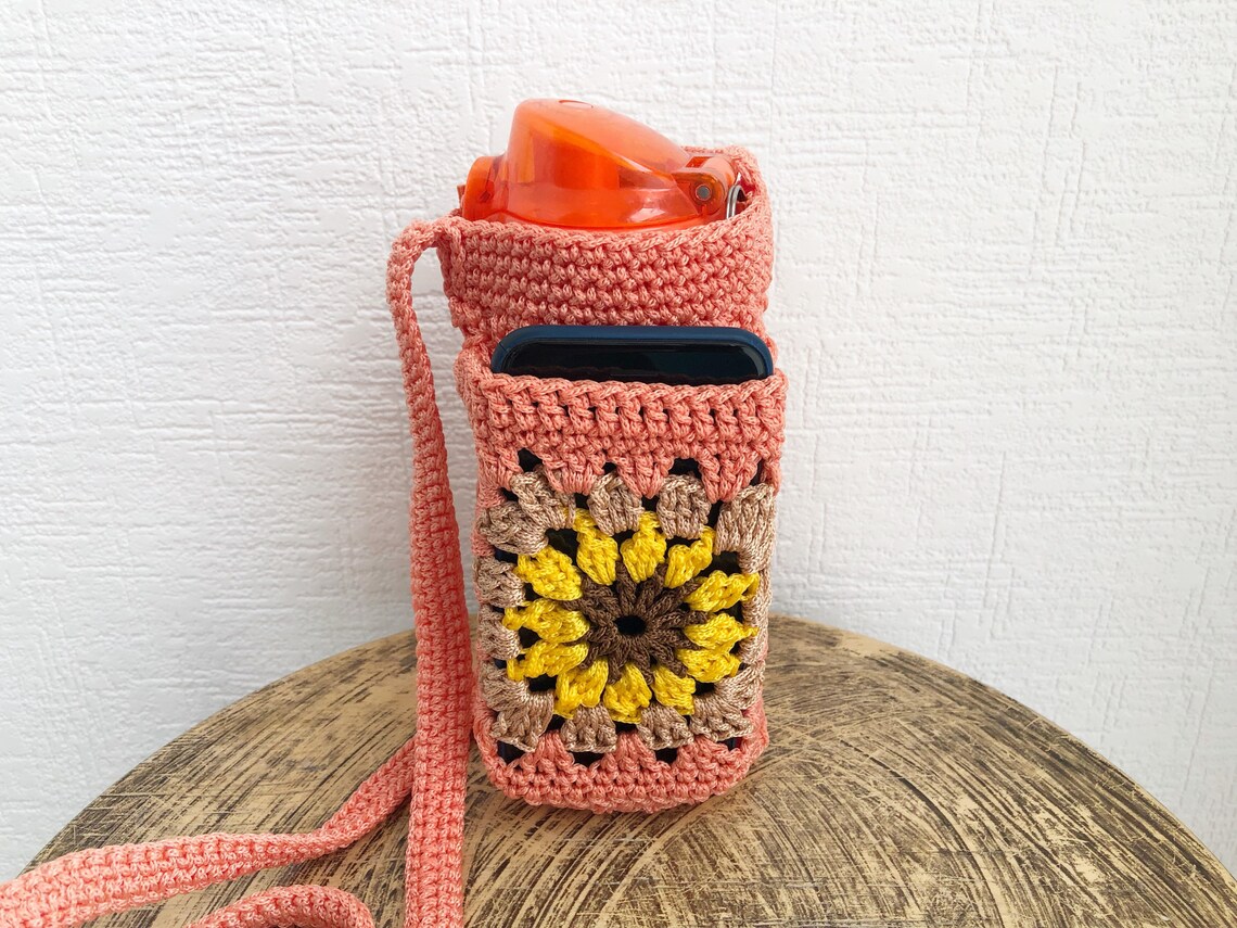 Crochet water bottle holder with pocket sunflower granny Etsy