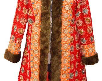 Vintage Zari Embroidered Vintage Coat | Bohemian Banjara Long Fur Jacket | Handcrafted Tribal Salma Work Coat | Royal Ethnic Winter Jacket |