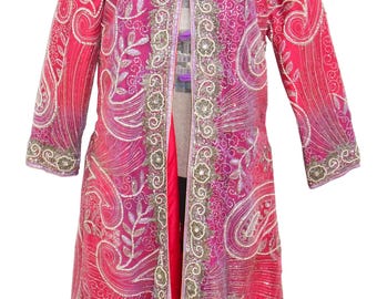 Vintage Pink Sequin Beaded Long Banjara Jacket | Zari Embroidered Salma Work Kimono Coat | Bridal Party Boho Jacket | Handmade Ethnic Jacket