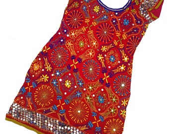 Vestido de trabajo bordado a mano Kantha vintage, estilo hippie bohemio, étnico, de diseñador, kurti y vestido, túnica india para mujer, vestido de verano.