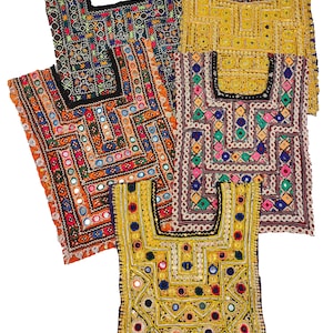 5 piezas de parche de espejo Kutchi Banjara, parche de yugo para cuello de tribu india, parche de yugo afgano bordado a mano, parche de aplique para vestido Banjara