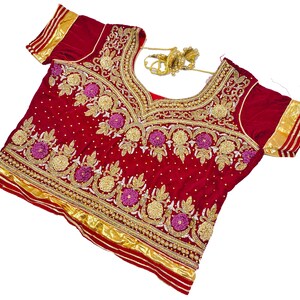 May include: A red velvet blouse with gold and silver embroidery. The blouse has a V-neck and short sleeves. The embroidery features floral designs and beads.