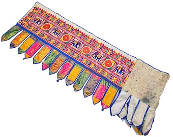 Vintage Banjara Toran Wall Hanging | Gujarati Kutchi Mirror Embroidery Work Antique Old Toran |Rabari Tribal Indian Boho Window Door Valance