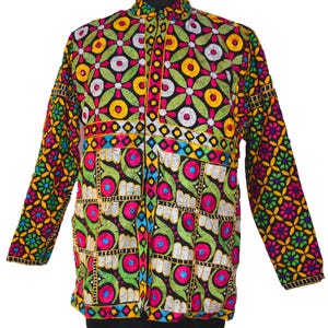 May include: A black long-sleeved jacket with a colourful embroidered pattern. The embroidery features a variety of geometric shapes, flowers, and leaves in shades of pink, yellow, green, blue, and white.