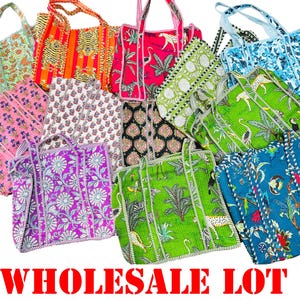May include: A selection of patterned tote bags in a variety of colours, including pink, green, and blue. The bags feature floral and animal prints, with white stitching and handles. The text "WHOLESALE LOT" is displayed in red.