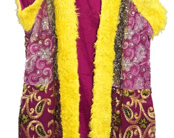 Purple Sequin Beaded Long Banjara Jacket | Zari Embroidered Salma Work Kimono Coat | Party Sheep Fur Boho Coat | Handmade Vintage Jacket