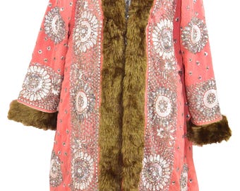 Mongolian Curly Sheep Fur Vintage Stunning Jacket & Coat Zari Embroidered Salma Work Banjara Jacket Royal Bride Woolen Beaded Kimono Jacket