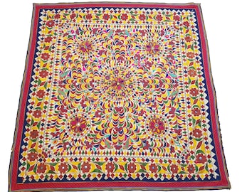 Tapiz antiguo de pared Kutchi Banjara: tapiz bohemio bordado con espejo Rabari vintage
