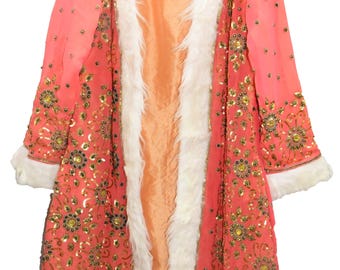 Pink Sequin Beaded Long Banjara Jacket | Zari Embroidered Salma Work Kimono Coat | Bridal Party Boho Jacket | Handmade Ethnic Vintage Jacket