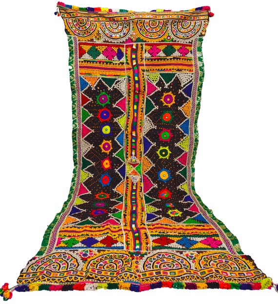 Vintage Kuchi BANJARA Rabari Wool Shawl – Handmade Bandhani Dupatta with Mirror Work Embroidery