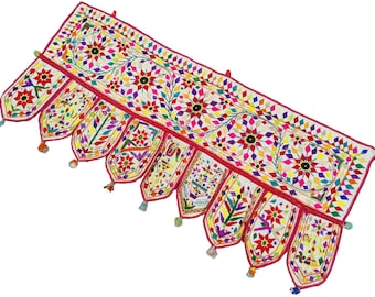 Vintage Banjara Toran pared colgante Gujarati Kutchi espejo bordado trabajo antiguo viejo Toran Rabari tribal indio Boho ventana puerta Valance