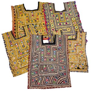 5 piezas de parche de espejo Kutchi Banjara, parche de yugo para cuello de tribu india, parche de yugo afgano bordado a mano, parche de aplique para vestido Banjara