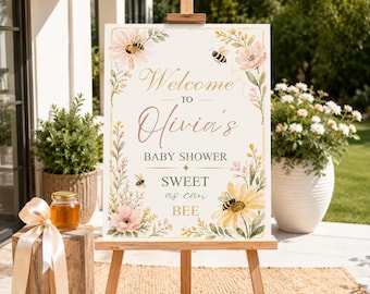 Sweet As Can Bee Welcome Sign Template, Bee Baby Shower Welcome Sign, Editable Canva 15x21, Floral Bee Shower Decor