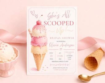 May include: A rectangular bridal shower invitation card featuring a watercolor illustration of a triple-scoop ice cream cone with a cherry on top. The text reads She's All SCOOPED Up! BRIDAL SHOWER HONORING Olivia Anderson, with event details.