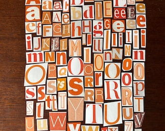 Puede incluir: Un conjunto de letras recortadas de varias fuentes y tamaños, dispuestas sobre una superficie de madera oscura. Las letras son principalmente tonos de naranja, rojo y beige, creando un efecto de collage. Las letras son de revistas y periódicos.