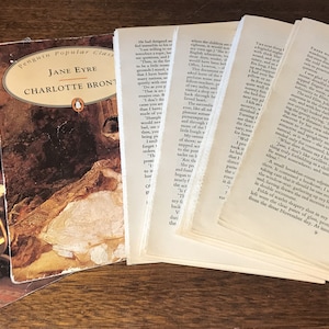 May include: A close-up of five Penguin Popular Classics paperback books. The books are "Jane Eyre" by Charlotte Bronte, "Villette" by Charlotte Bronte, and three other books with the spines facing the camera. The books are on a wooden surface.