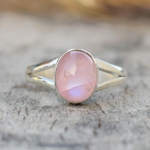 Pink Moonstone Ring – Split Band Sterling Silver, Minimalist Gemstone Jewelry, Boho Silver Jewelry, June Birthstone Jewelry