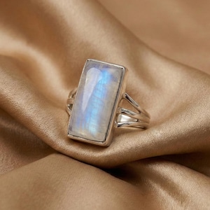 Rectangle Moonstone Ring: Sterling Silver Boho Statement Ring