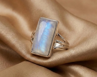 Rectangle Moonstone Ring: Sterling Silver Boho Statement Ring