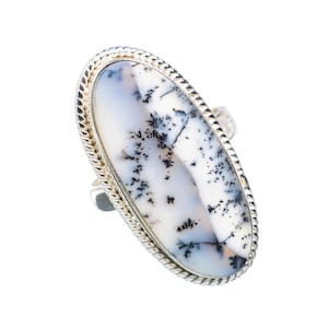 White Dendritic Opal Ring, 925 Sterling Silver Ring, Long Oval Gemstone, Simple Band Ring, Statement Ring, Christmas Gift, Cabochon Gemstone